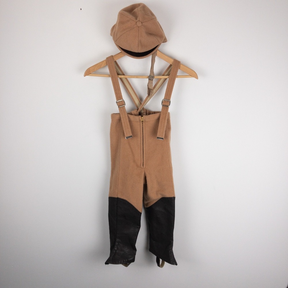 VTG Wool Equestrian Snow Suspender Pants & Hat Boys Size 4T (30x16) Beige